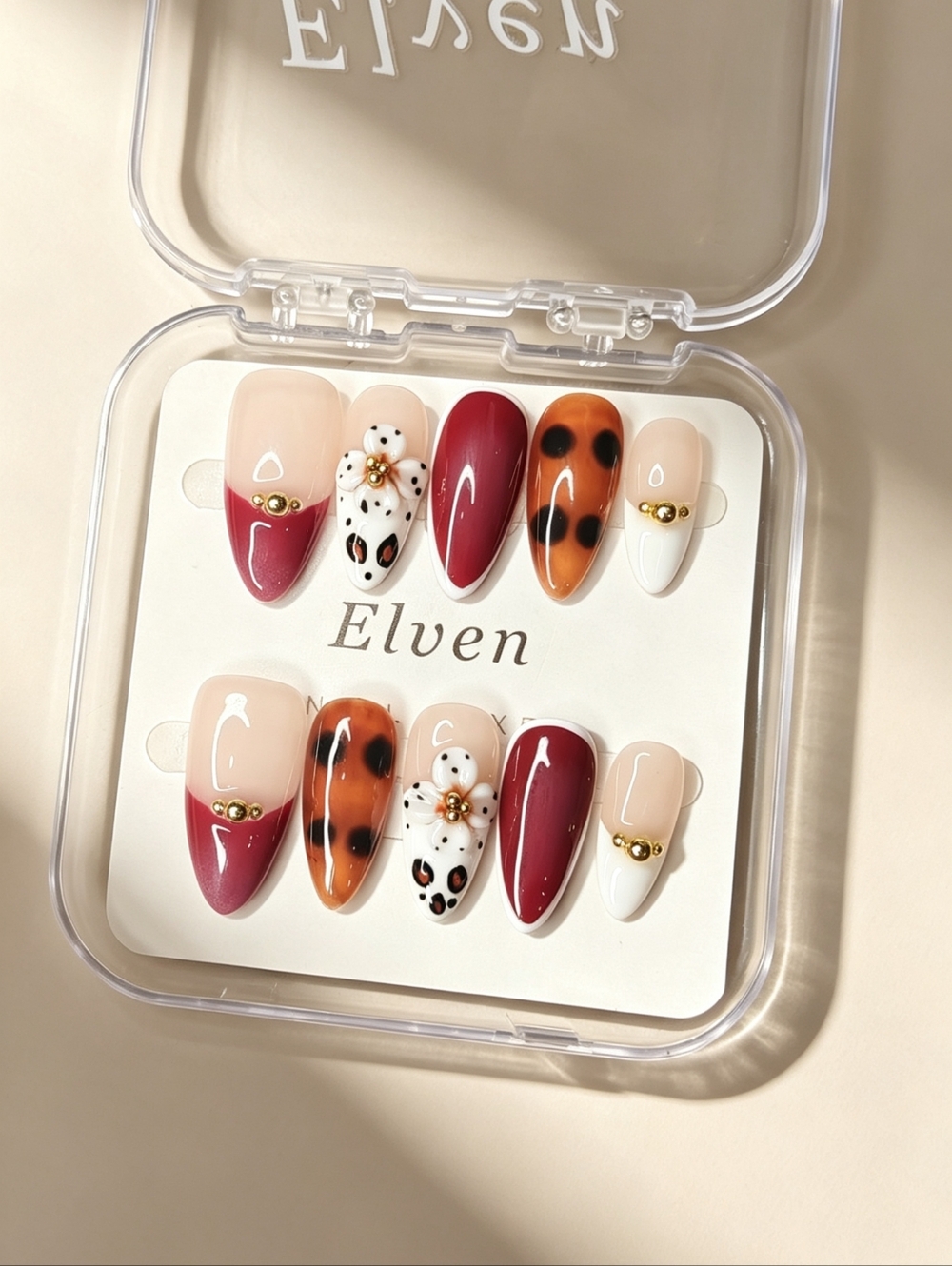 Red Orange White French Tip With Floral Almond Handmade Press On Nails
